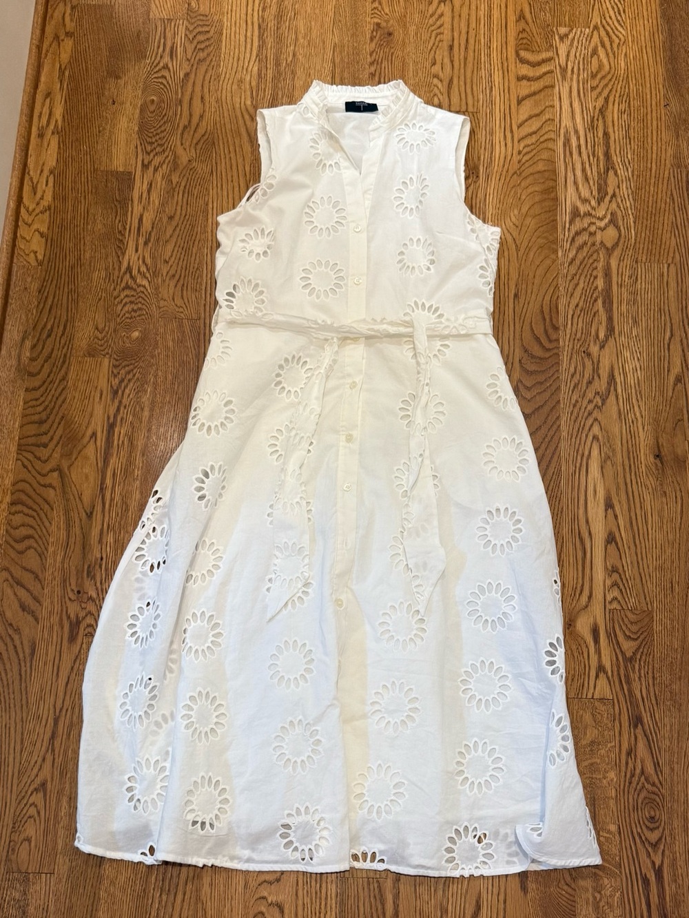 Tahari White Eyelet Tie-Waist Midi Dress